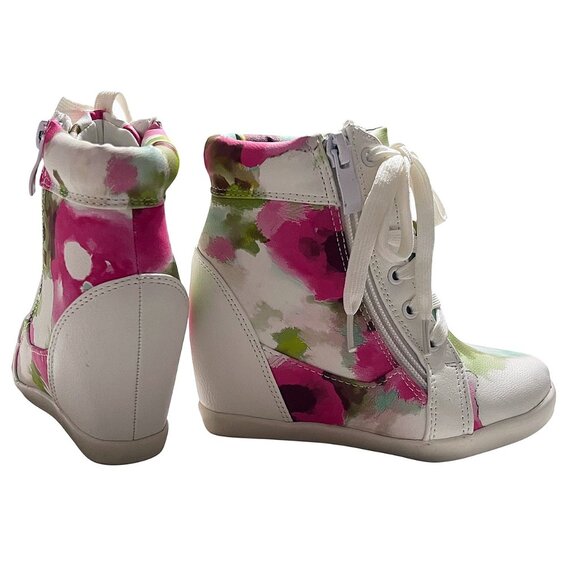 Girls Toddler Lace-Up Cute Flat Sneakers – Fuchsia Watercolor Splash Side Zipper - Picture 6 of 8